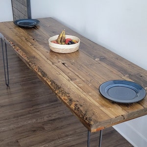 Alive Edge Reclaimed Distressed Dining Table with Hairpin Legs with Live Edges