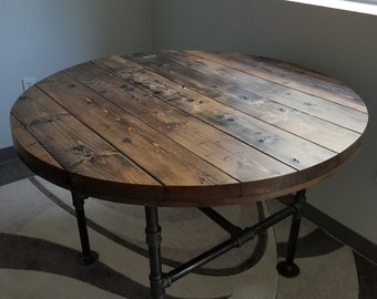 Reclaimed Distressed Round Dining Table. Heavy Duty Iron Pipe legs. Choose size and height.