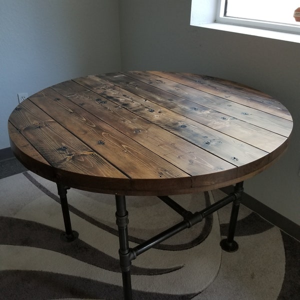 Reclaimed Distressed Round Dining Table. Heavy Duty Iron Pipe legs. Choose size and height.