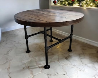 Reclaimed Distressed Round Dining Table. Heavy Duty Iron Pipe legs. Choose size and height.