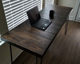 Choose Size Thick Solid Wood Espresso Reclaimed Distressed Desk with Hairpin legs