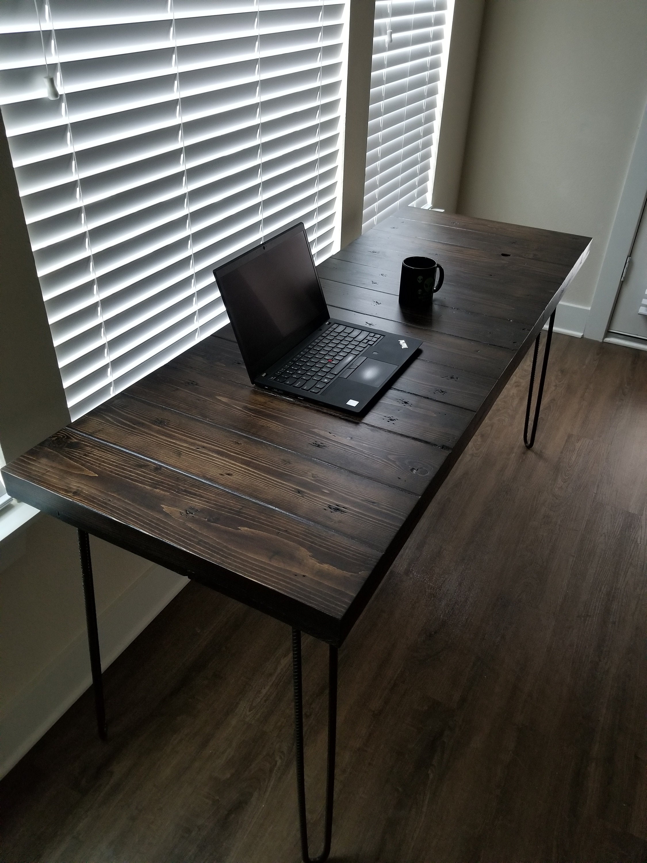 Choose Size Thick Solid Wood Espresso Reclaimed Distressed Desk with Hairpin legs