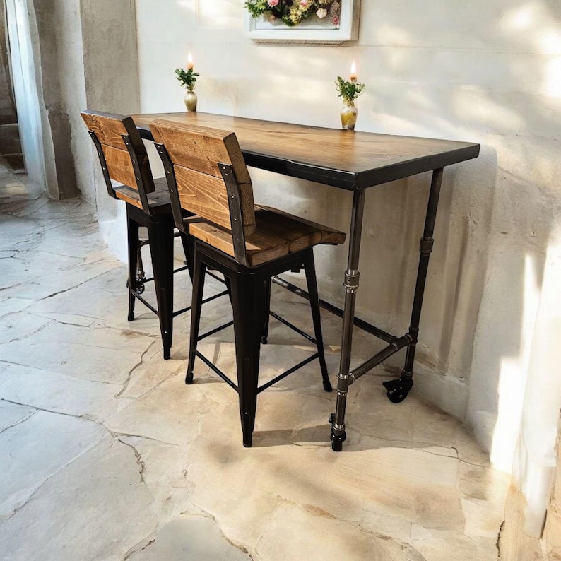 Sunburst Bar Table With Locking Casters and Iron Pipe Legs Pub Counter ...