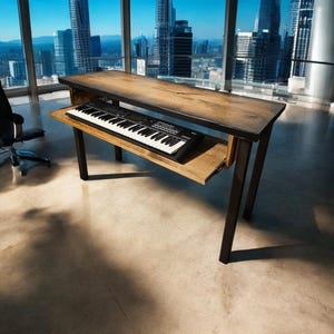 May include: A wooden desk with a pull-out keyboard tray. The desk has a dark brown top and black legs. A black keyboard with white keys sits on the pull-out tray. The desk is in front of a large window with a city view.