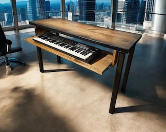 May include: A wooden desk with a pull-out keyboard tray. The desk has a dark brown top and black legs. A black keyboard with white keys sits on the pull-out tray. The desk is in front of a large window with a city view.