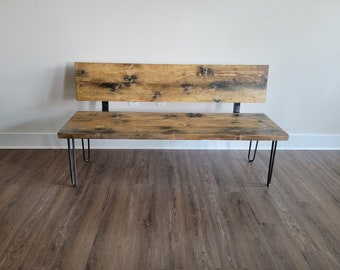 Killer Bench with Back Reclaimed Distressed Solid Wood Industrial Comfortable Unique Design with Heavy Duty Hairpin Legs