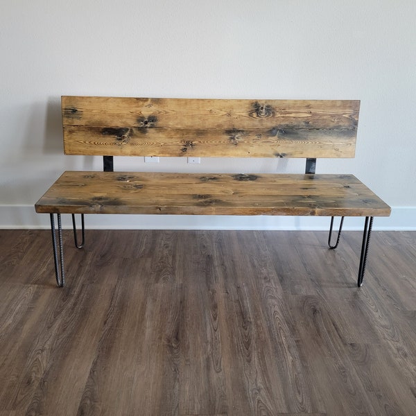 Killer Bench with Back Reclaimed Distressed Solid Wood Industrial Comfortable Unique Design with Heavy Duty Hairpin Legs