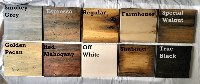 May include: Wood stain color samples in 10 different colors: Smokey Grey, Espresso, Regular, Farmhouse, Special Walnut, Golden Pecan, Red Mahogany, Off White, Sunburst, True Black.