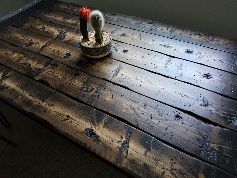 Tortured Reclaimed Distressed Industrial Wood Desk with rebar hairpin legs image 8