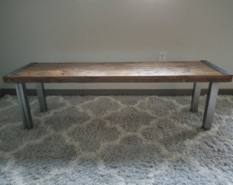 Reclaimed Distressed Custom Industrial Bench, wood, straight steel 2x2 legs, Lots of Character.