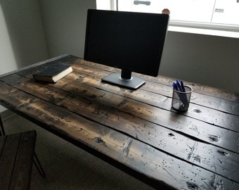 Tortured Reclaimed Distressed Industrial Wood Desk with rebar hairpin legs