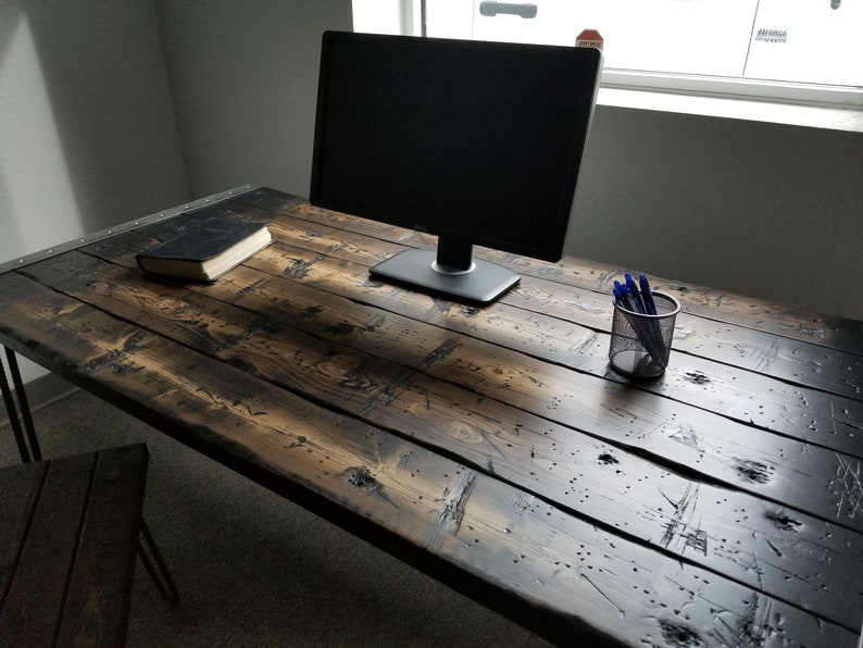 Tortured Reclaimed Distressed Industrial Wood Desk with rebar hairpin legs image 1