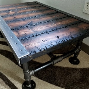 Stitches Reclaimed Distressed Coffee Table with Pipe legs, well built, Quality, Character, Customizable.