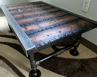 Stitches Reclaimed Distressed Coffee Table with Pipe legs, well built, Quality, Character, Customizable.