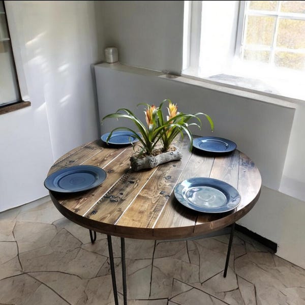 Reclaimed Distressed Old Round Dining Table with Heavy Duty Hairpin legs