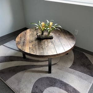 Reclaimed Distressed Round Coffee Table. Straight steel legs. Choose size and height.