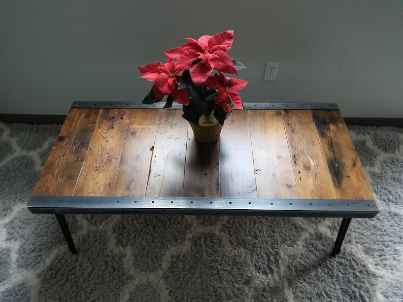 raw steel trim and hairpin legs Reclaimed Wood Authentic Custom built Industrial Coffee Table
