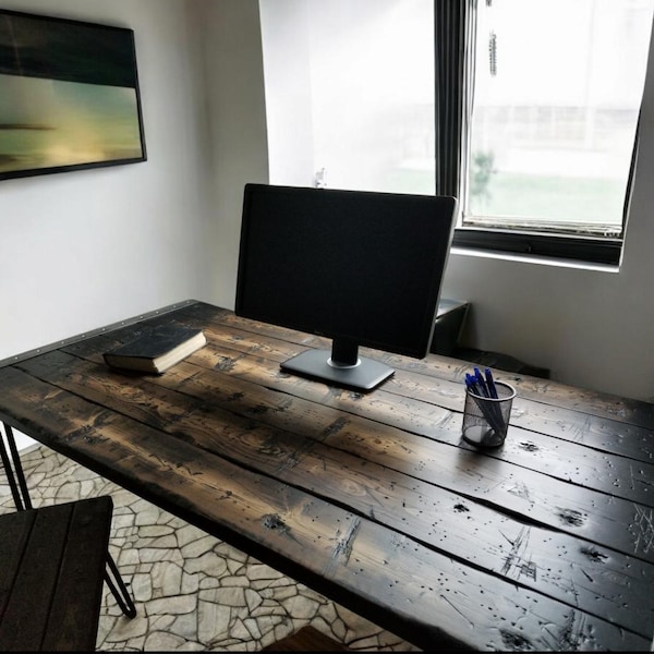 Tortured Reclaimed Distressed Industrial Wood Desk with Hairpin legs