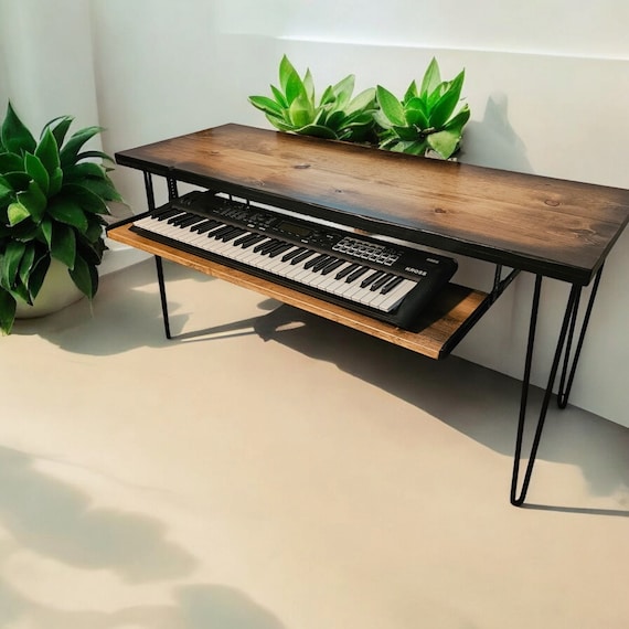 Reclaimed Distressed Wood Keyboard Tray, Sliding Distressed Desk Shelf for Piano Synthesizer MIDI, Industrial Under Desk Tray