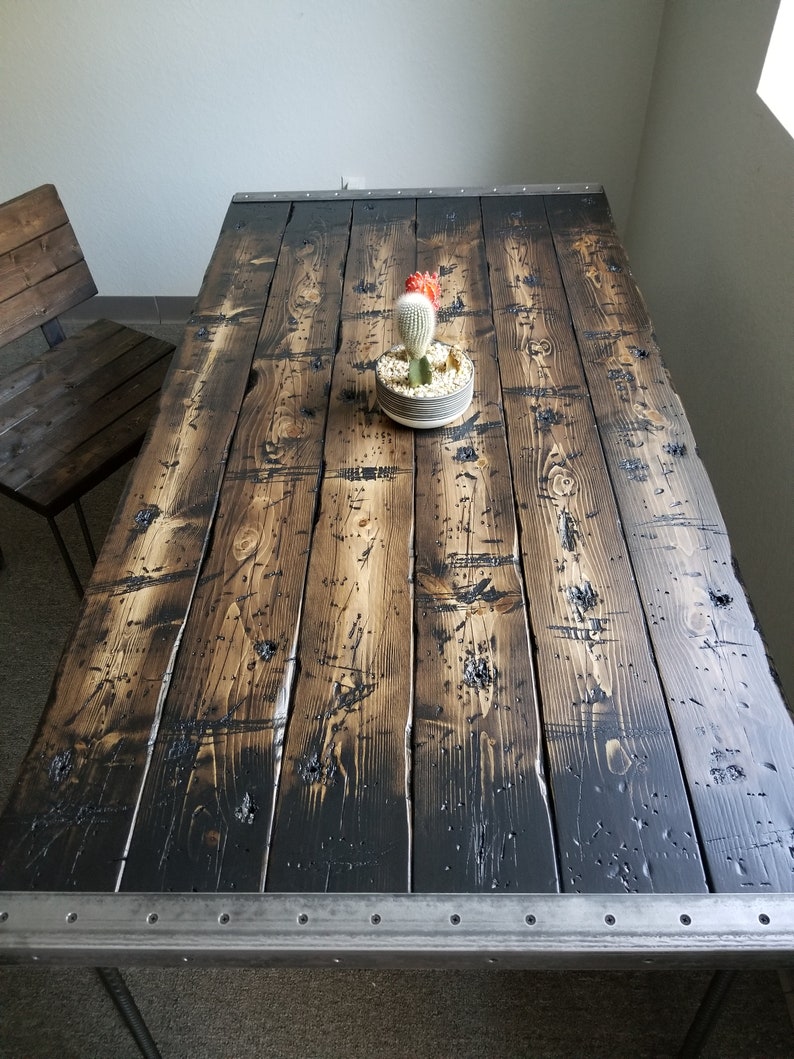 Tortured Reclaimed Distressed Industrial Wood Desk with rebar hairpin legs image 2