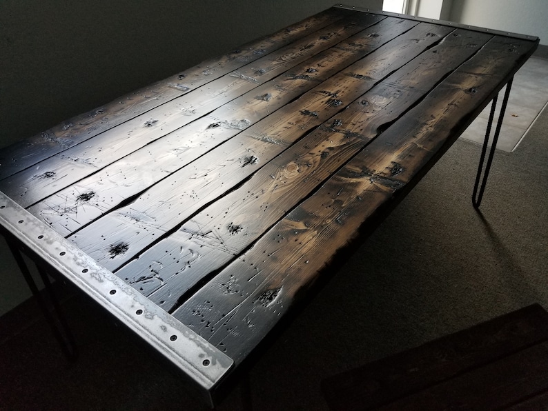 Tortured Reclaimed Distressed Industrial Wood Desk with rebar hairpin legs image 4