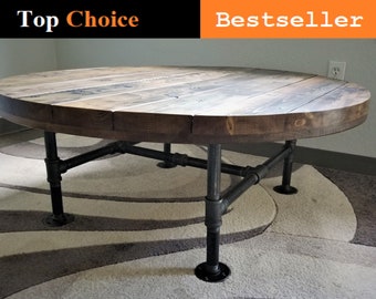 Reclaimed Distressed Round Coffee Table. Heavy Duty Iron Pipe legs. Choose size and height.