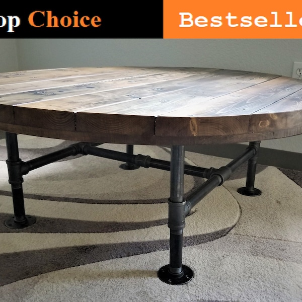 Reclaimed Distressed Round Coffee Table. Heavy Duty Iron Pipe legs. Choose size and height.
