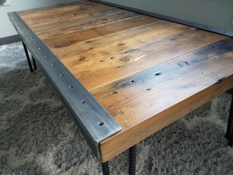 raw steel trim and hairpin legs Reclaimed Wood Authentic Custom built Industrial Coffee Table