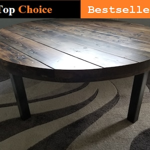 Reclaimed Distressed Round Coffee Table. Straight steel legs. Choose size and height.