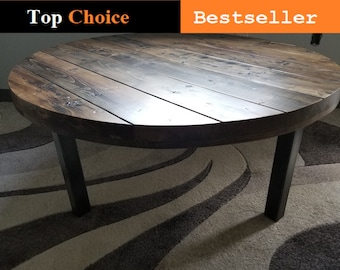 Reclaimed Distressed Round Coffee Table. Straight steel legs. Choose size and height.