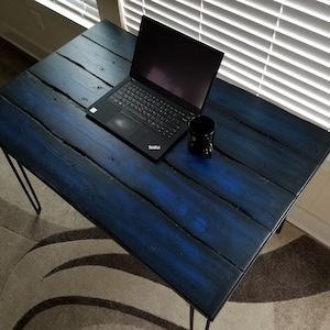 Fresh Bruise Blue Reclaimed Distressed Industrial Wood Desk with rebar hairpin legs