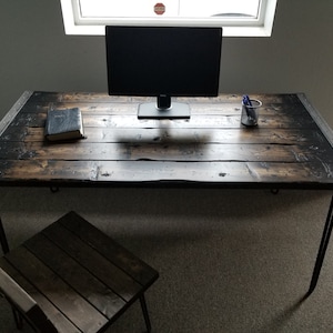 Tortured Reclaimed Distressed Industrial Wood Desk with rebar hairpin legs image 3