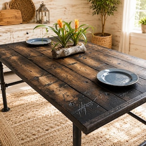 May include: A rectangular dining table featuring a dark, weathered wood plank top with visible grain and knots, supported by a black industrial pipe frame. Two grey ceramic plates are placed on the surface, along with a log-shaped planter.