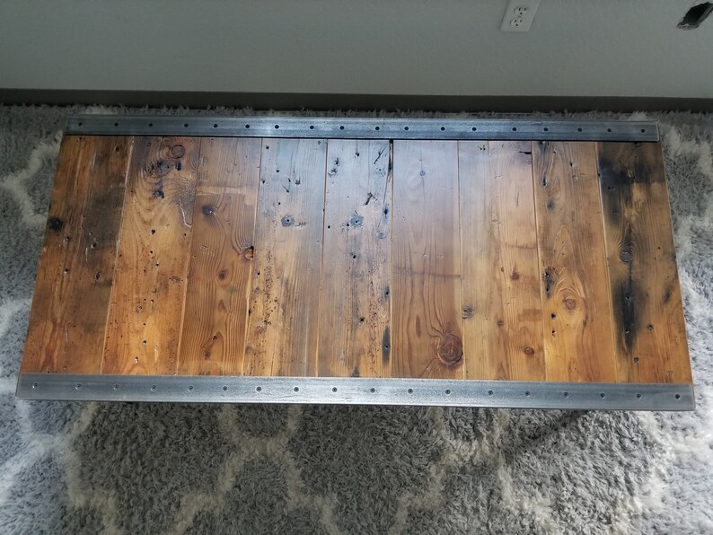 raw steel trim and hairpin legs Reclaimed Wood Authentic Custom built Industrial Coffee Table