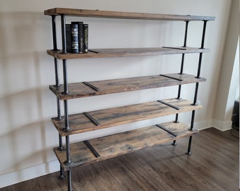 Industrial Bookcase Shelving Unit made with Reclaimed Distressed Wood and Iron Pipes