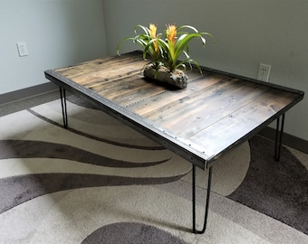 Reclaimed Distressed Custom built Industrial Coffee Table, Wood, raw steel trim and hairpin legs