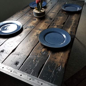 Tortured Reclaimed Distressed Industrial Wood Dining Table with hairpin legs