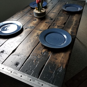 Tortured Reclaimed Distressed Industrial Wood Dining Table with rebar hairpin legs