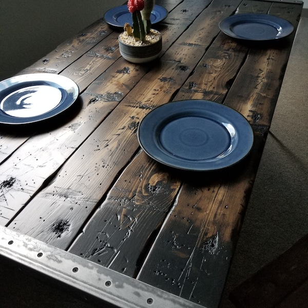 Tortured Reclaimed Distressed Pub Height Counter Height Industrial Wood Dining Table with hairpin legs