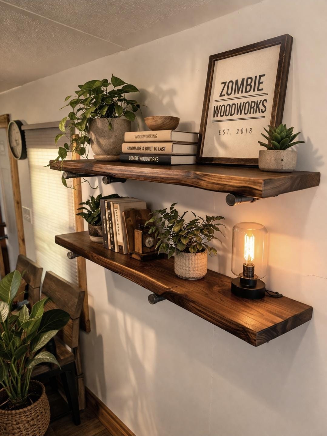 Single Plank Pipe Shelf - Everything Included to Mount to Drywall