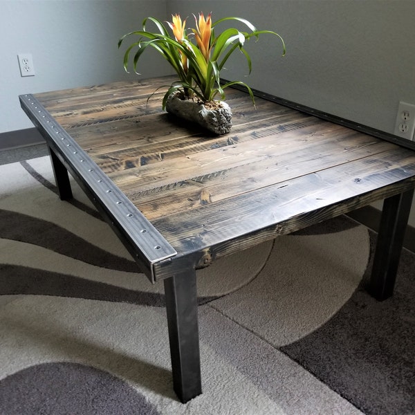 Reclaimed Distressed Custom Made Industrial Coffee Table, Wood, raw steel trim and straight steel