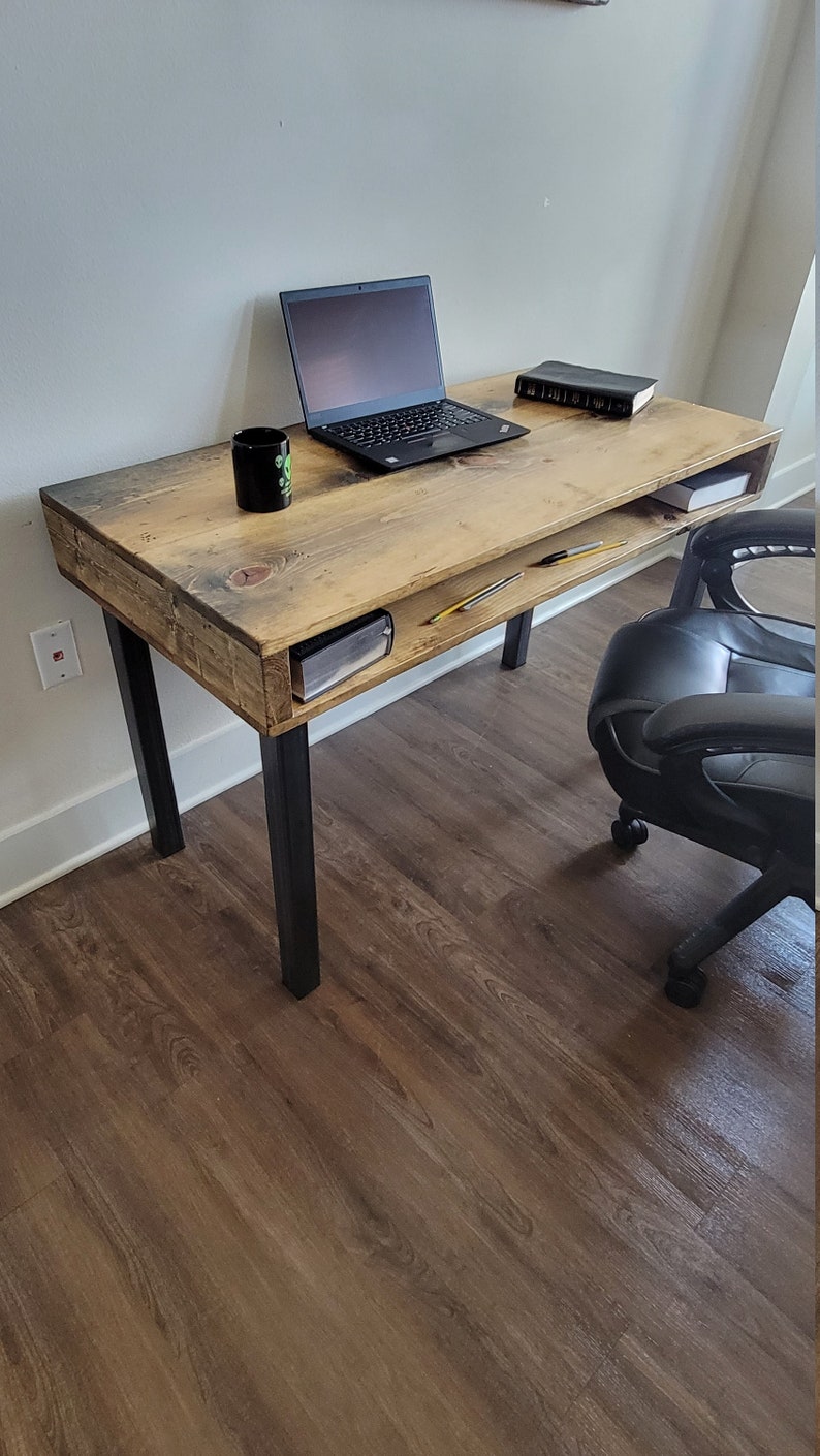 Industrial Desk, Reclaimed Distressed Wood with Straight Steel Legs image 6