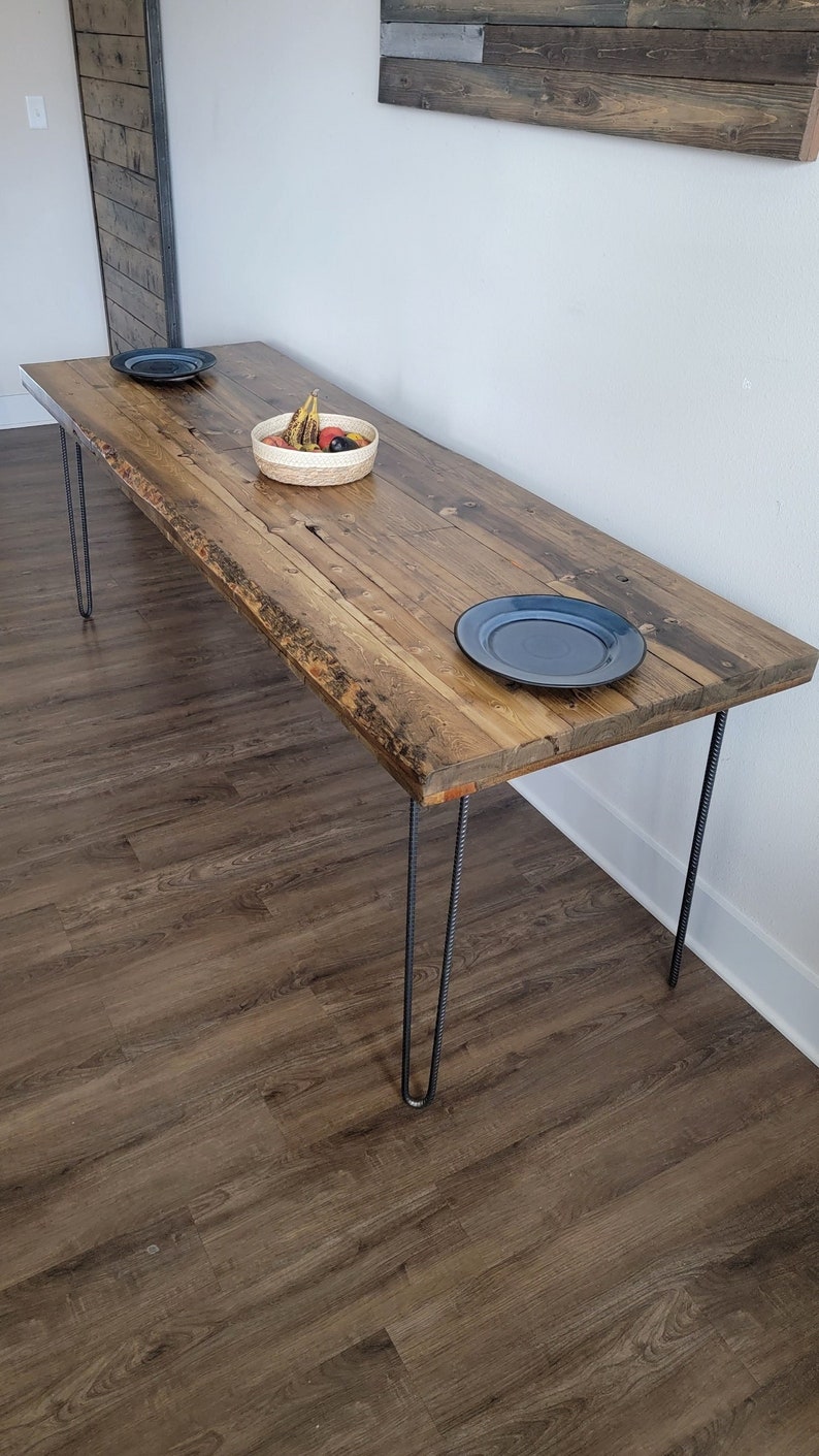 Clearance Sale! Alive Edge Reclaimed Distressed Dining Table with Rebar Hairpin Legs with Live Edges 