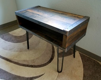 Industrial End, Side Table, TV Stand Reclaimed Distressed Wood with hairpin legs