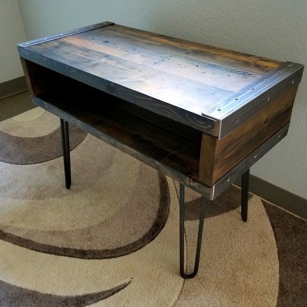 Industrial End, Side Table, TV Stand Reclaimed Distressed Wood with hairpin legs