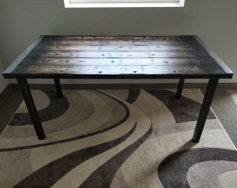 Tortured Reclaimed Distressed Industrial Office Desk with straight steel 2x2 legs