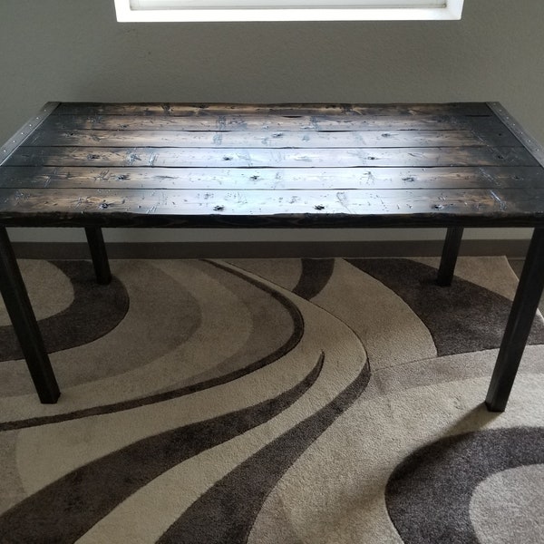 Tortured Reclaimed Distressed Industrial Office Desk with straight steel 2x2 legs