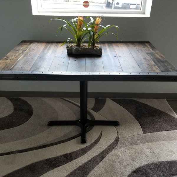 Reclaimed Distressed Restaurant Dining Table with Pedestal Base//Character//Custom built Industrial raw steel