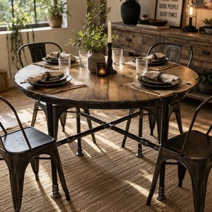 Reclaimed Distressed Round Dining Table with X Pipe Base. Standard , Counter , or Pub / Bar Height