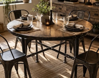 Reclaimed Distressed Round Dining Table with X Pipe Base. Standard , Counter , or Pub / Bar Height